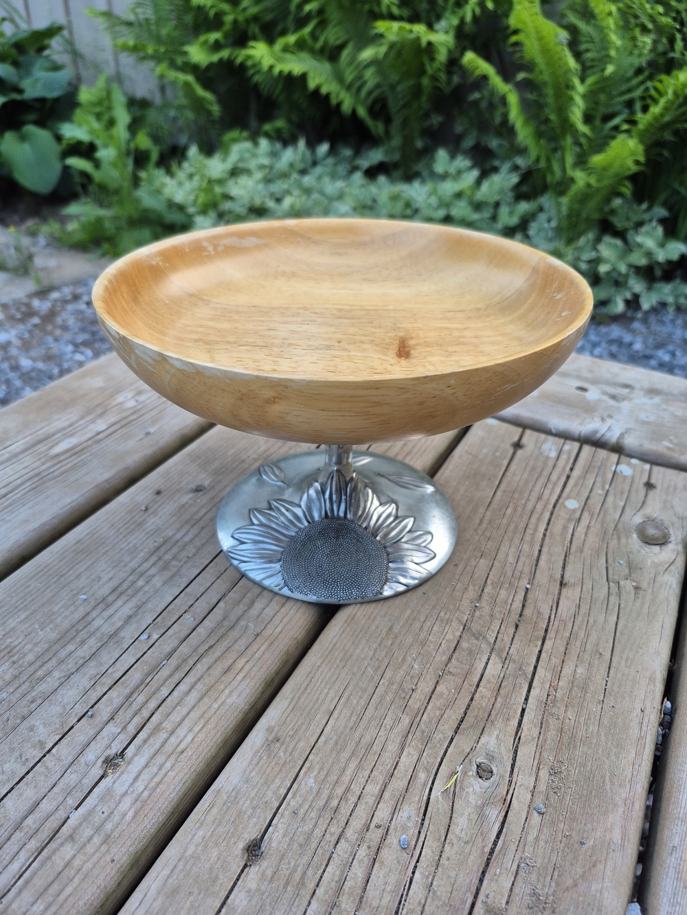 Vintage Royal Selangor Pewter and Wood Pedestal Bowl Centerpiece Sunflower Base